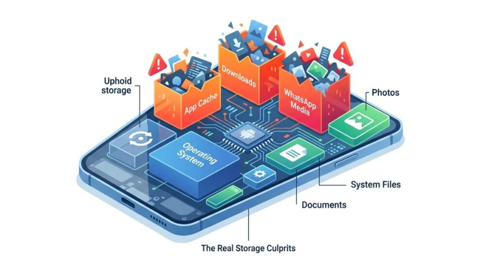 Infographic showing Android phone storage breakdown with app cache downloads and WhatsApp media taking up the most space while photos take up the least