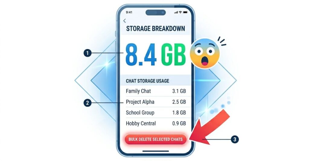 Messaging app storage screen showing 8GB of automatically downloaded media accumulated from group chats without the user intentionally saving anything