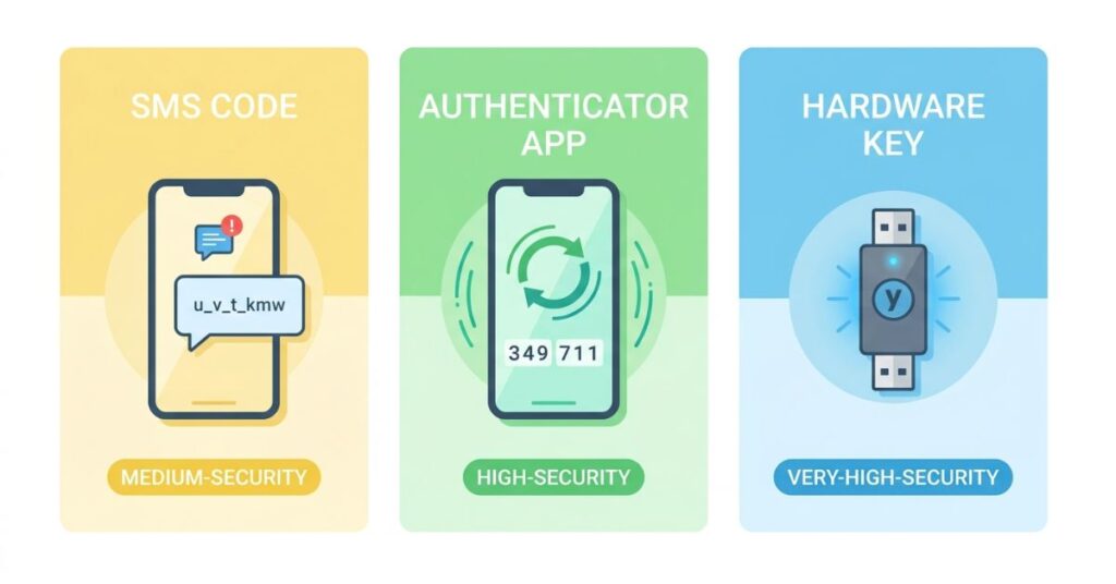 Comparison of three types of two-factor authentication showing SMS code as medium security authenticator app as high security and hardware key as very high security