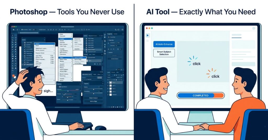 Split illustration comparing a frustrated user with a complex Photoshop interface versus a calm user completing the same task in two clicks with an AI photo editing tool