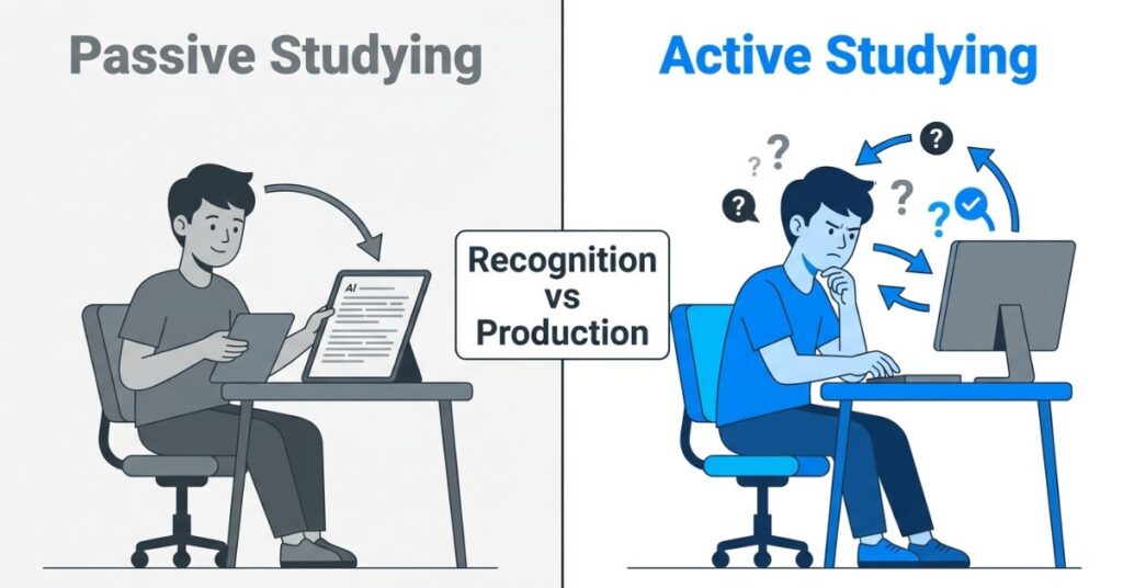Split illustration comparing passive studying where a student reads AI summaries versus active studying where the student answers questions and receives corrections