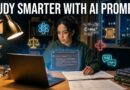Student using AI to study for exams at night surrounded by floating subject icons for science law maths history medicine and languages with AI chat interface glowing on laptop