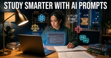 Student using AI to study for exams at night surrounded by floating subject icons for science law maths history medicine and languages with AI chat interface glowing on laptop