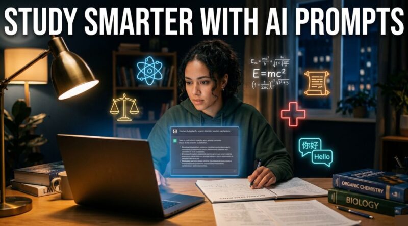 Student using AI to study for exams at night surrounded by floating subject icons for science law maths history medicine and languages with AI chat interface glowing on laptop