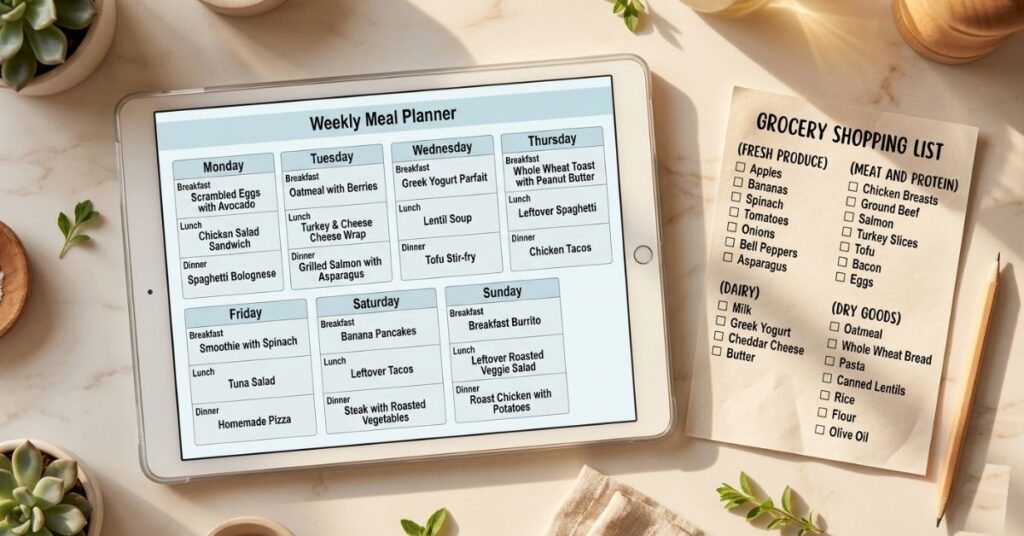 Tablet screen showing a 7-day AI-generated meal plan alongside an organized weekly grocery shopping list divided by category