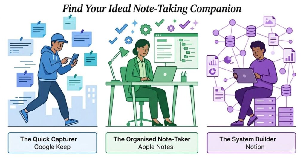 Three note-taking user personas showing the quick capturer using Google Keep the organised note-taker using Apple Notes and the system builder using Notion