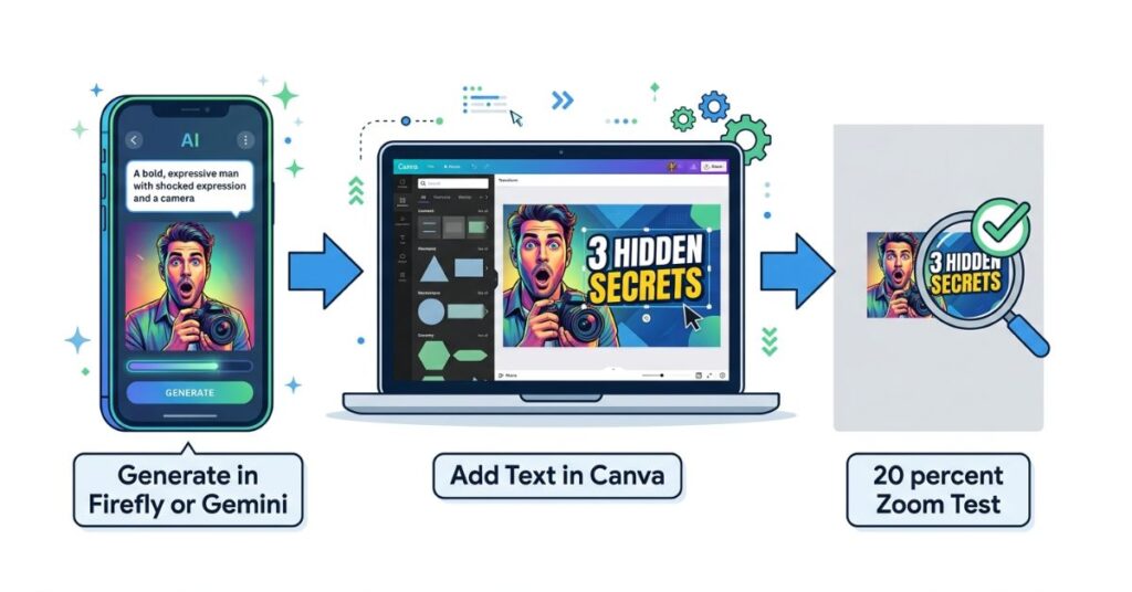 Three step thumbnail workflow showing AI image generation in Firefly or Gemini then adding bold text overlay in Canva then testing at 20 percent zoom to verify mobile readability