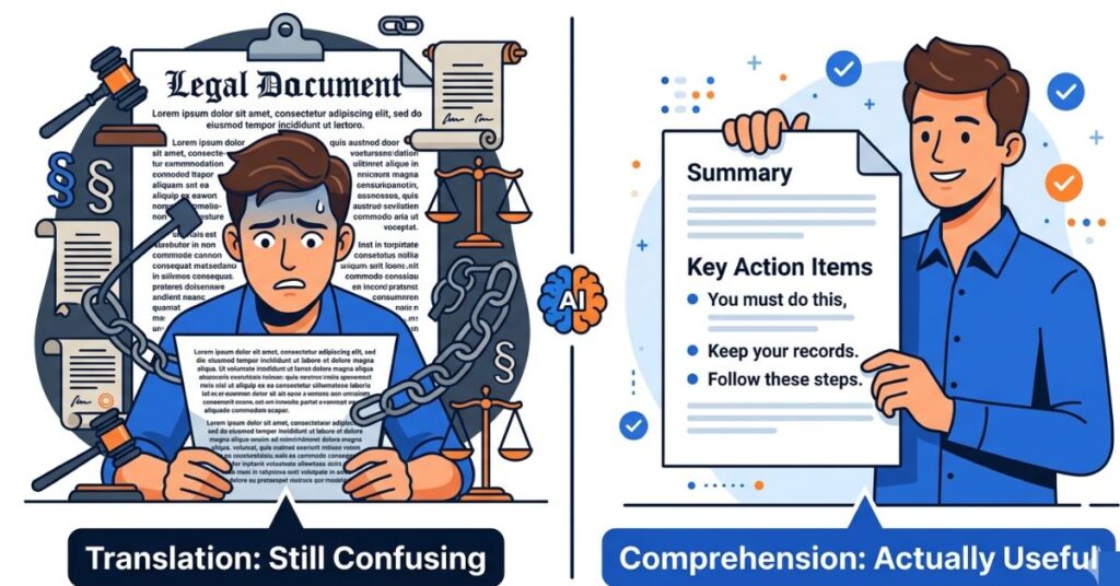Split illustration comparing a person confused by a translated legal document on the left versus a person confidently reading a plain English simplified version on the right
