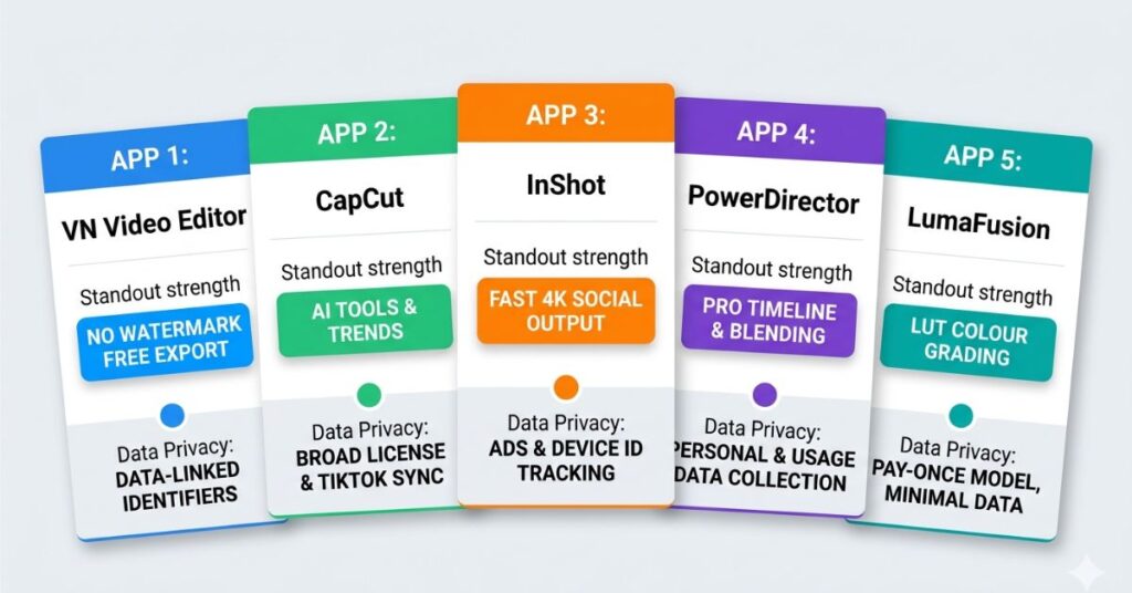  Comparison card layout showing five free Android video editing apps with their standout features export quality and data privacy ratings