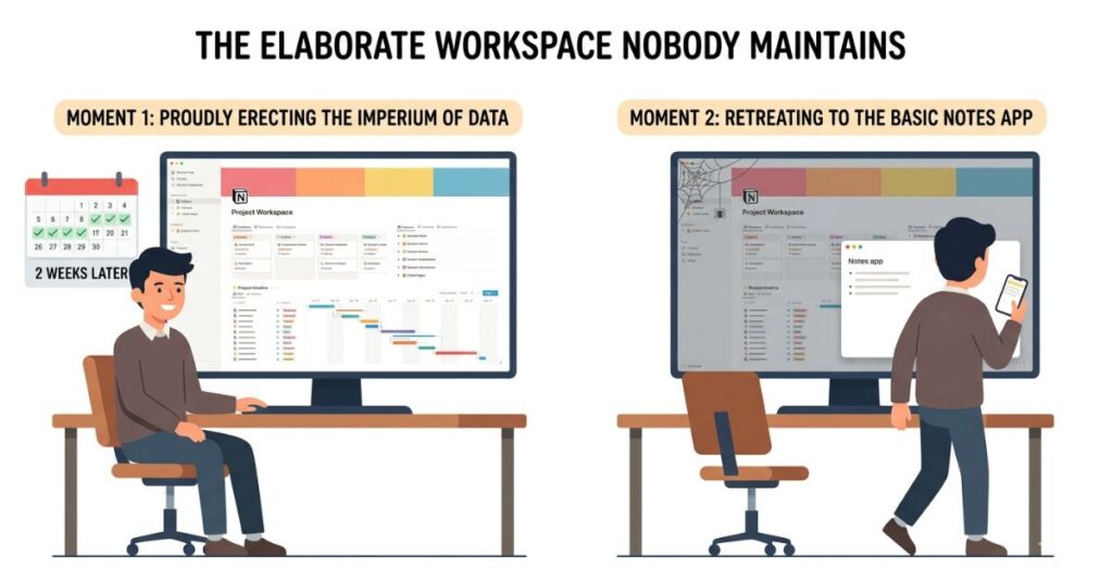 Illustration showing the classic Notion failure pattern of building an elaborate workspace that gets abandoned after two weeks with cobwebs appearing on the screen