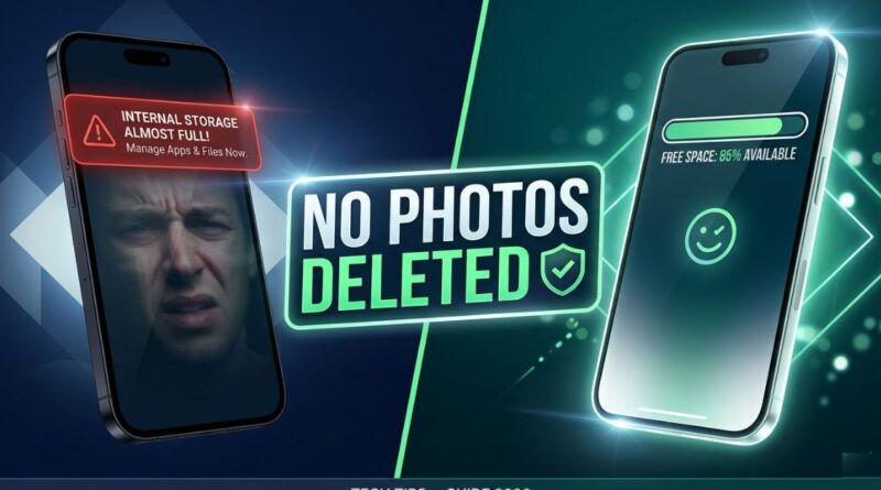 Android phone showing full storage warning on the left and clean free storage on the right after clearing app cache and downloads without deleting photos