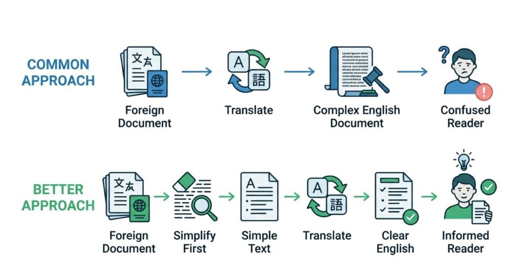 Process flow diagram comparing the common approach of translating then simplifying versus the better approach of simplifying first then translating for clearer results
