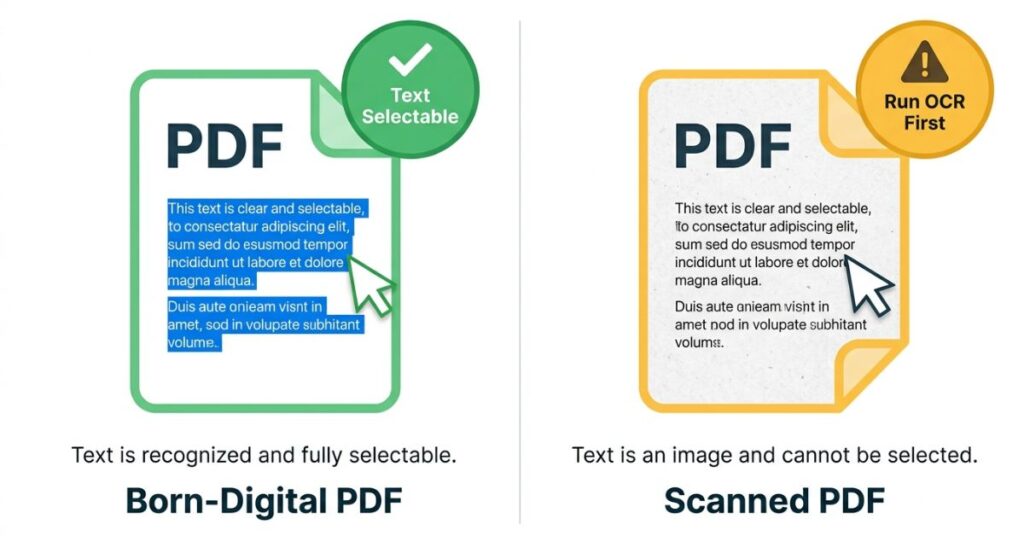 Split illustration comparing a born-digital PDF with selectable text highlighted in blue versus a scanned PDF with no text selection showing paper texture