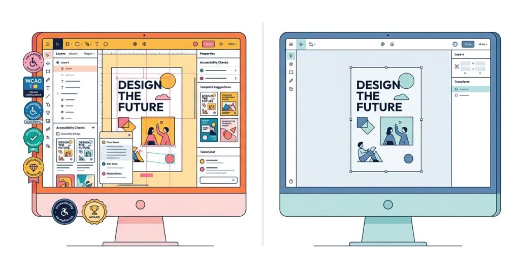 Side by side comparison of a busy template-forward design interface representing Canva and a minimal professional design workspace representing Adobe Express