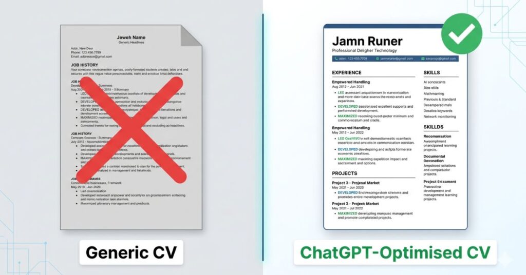 Side by side comparison of a generic CV versus a ChatGPT optimised CV showing stronger bullet points and keyword alignment