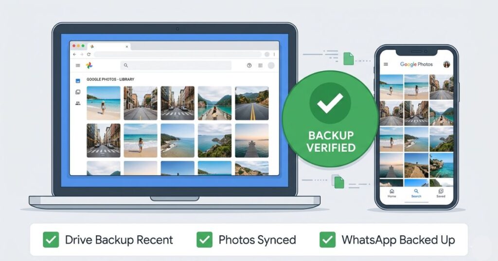 Laptop browser showing Google Photos library alongside a smartphone confirming backup is verified with green checkmarks for Drive Photos and WhatsApp backup