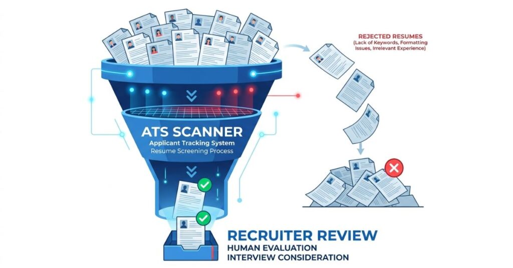 Diagram showing how an ATS applicant tracking system filters and rejects CVs before a recruiter reviews them