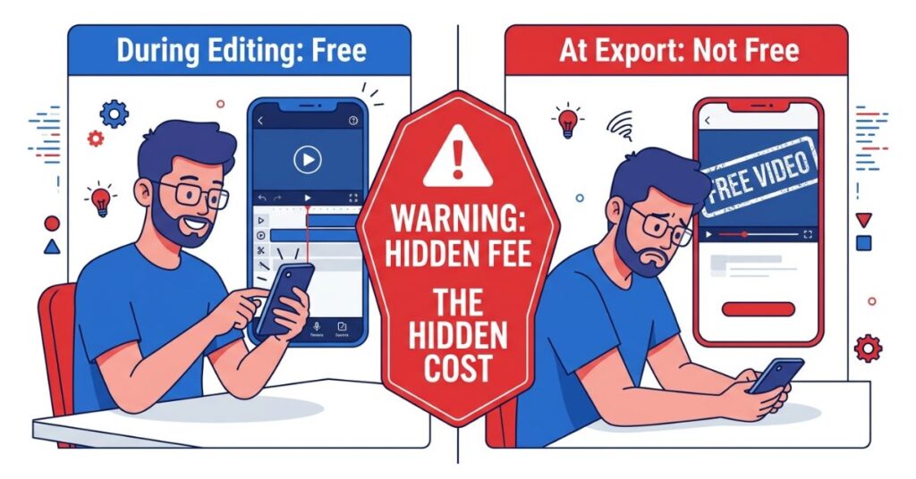 Split illustration showing a person editing video freely on their phone on the left and discovering a watermark at the export stage on the right