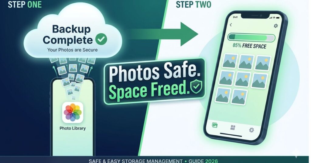 Two step illustration showing photos backing up to Google Photos cloud storage and the same photos remaining visible in the gallery after local copies are removed to free storage