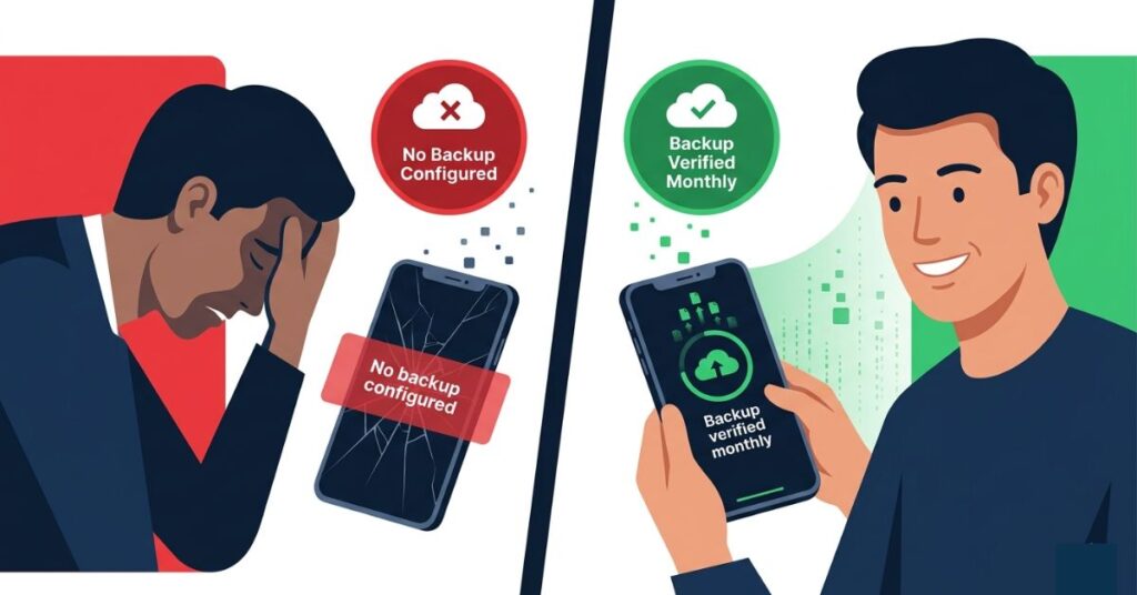 Split illustration comparing a person devastated by data loss on a cracked phone with no backup versus a person calmly restoring data to a new phone from a verified backup