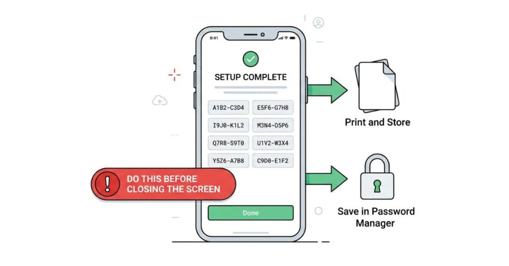 Smartphone showing 2FA recovery codes on screen with arrows pointing to printing them and saving in a password manager before closing the setup screen