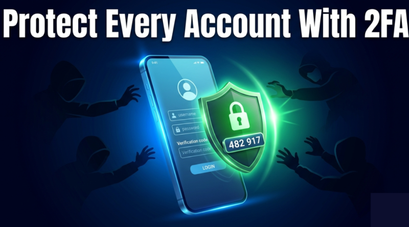 Two-factor authentication protecting a smartphone login screen with a glowing security shield blocking hacker figures from gaining account access