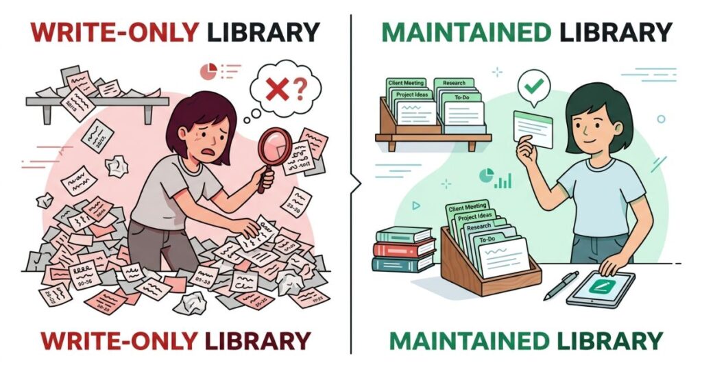 Comparison of a disorganised write-only note library where nothing can be found versus a small maintained note library where search works immediately