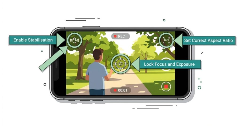 Smartphone camera interface showing three key settings to adjust before recording video including stabilization focus lock and correct aspect ratio