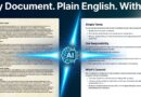 AI transforming a complex legal document full of jargon into a simple clean plain English version using artificial intelligence translation and rewriting