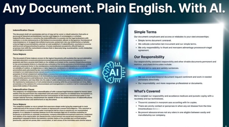 AI transforming a complex legal document full of jargon into a simple clean plain English version using artificial intelligence translation and rewriting