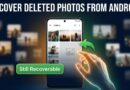 Android phone gallery with a deleted photo slot showing a broken image placeholder and a glowing green restore arrow indicating photo recovery is still possible