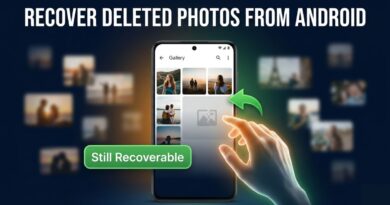 Android phone gallery with a deleted photo slot showing a broken image placeholder and a glowing green restore arrow indicating photo recovery is still possible