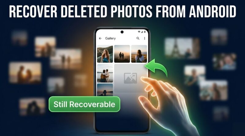 Android phone gallery with a deleted photo slot showing a broken image placeholder and a glowing green restore arrow indicating photo recovery is still possible