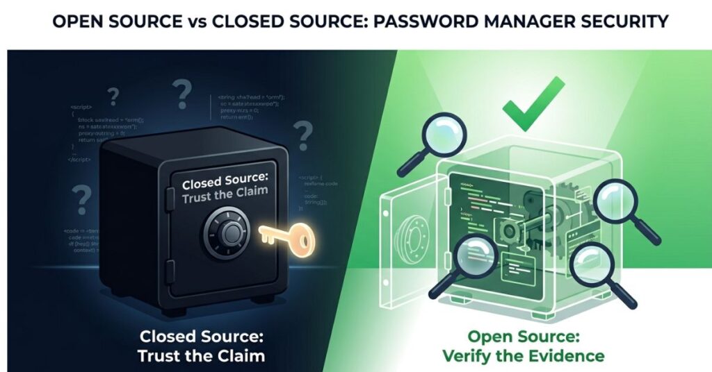 Comparison illustration showing closed source password manager as an unverifiable black box versus open source password manager as a transparent verified system with auditor checkmarks
