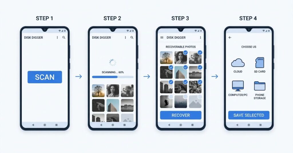 DiskDigger recovery app workflow showing four steps from scanning Android internal storage to selecting recoverable photo thumbnails and saving to cloud or SD card