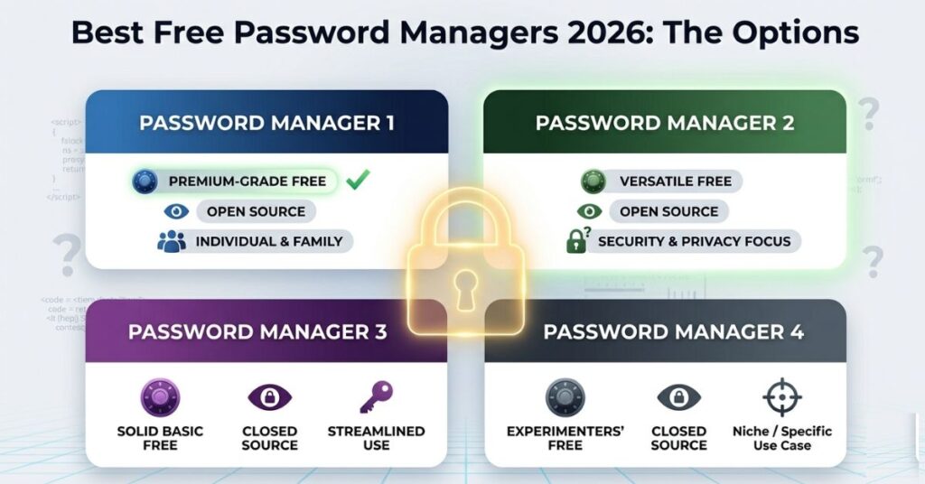 Four password manager comparison cards showing free tier quality open source status and best use case for Bitwarden KeePassXC Proton Pass and browser built-in managers