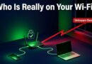 Home Wi-Fi router with green connections to household devices and one red unauthorised unknown device connection extending outside the home with a warning badge
