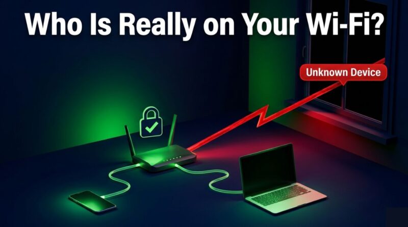 Home Wi-Fi router with green connections to household devices and one red unauthorised unknown device connection extending outside the home with a warning badge