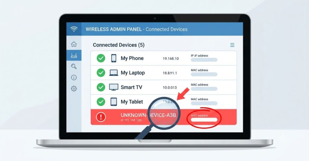 Router admin panel connected devices list showing four recognized household devices in green and one suspicious unknown device highlighted in red with MAC address circled