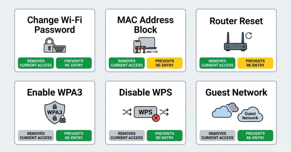 Six Wi-Fi security action cards comparing methods for removing unauthorised users including password change MAC blocking WPA3 encryption WPS disable and guest network setup