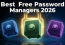 Three glowing password manager vault icons in blue green and purple representing the best free password managers in 2026 with a central golden padlock