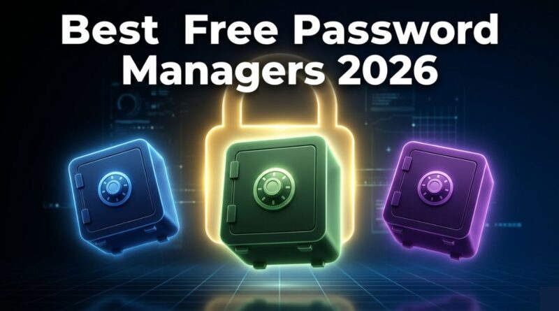 Three glowing password manager vault icons in blue green and purple representing the best free password managers in 2026 with a central golden padlock