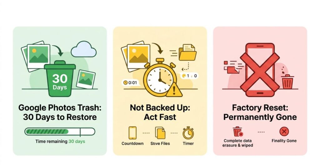 Three deletion scenarios showing Google Photos 30 day trash recovery in green unbackedup local deletion with yellow urgency warning and factory reset as permanently gone in red