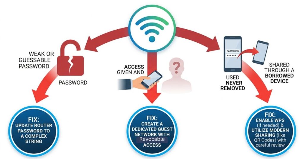 Three paths showing how unauthorised users access home Wi-Fi including weak password past access never revoked and shared through a borrowed device with specific fixes shown