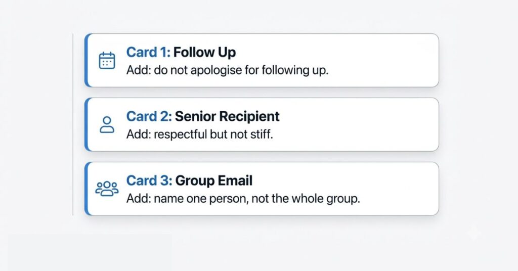 Three prompt variation cards showing how to adjust the email reply prompt for follow ups, senior recipients, and group emails