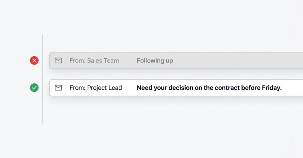 Two email subject lines side by side showing a vague following up subject line versus a specific decision-focused subject line that gets opened faster