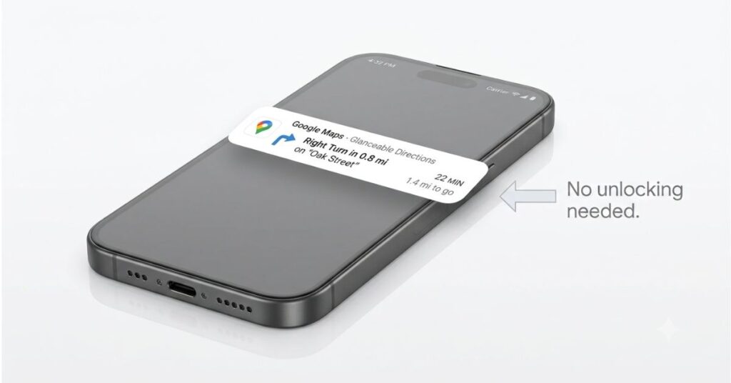 Phone lock screen showing Google Maps Glanceable Directions displaying ETA and next turn without needing to unlock the phone