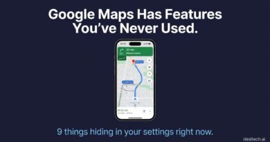 Smartphone showing Google Maps navigation with bold text overlay reading Google Maps has features you have never used, nine things hiding in your settings right now