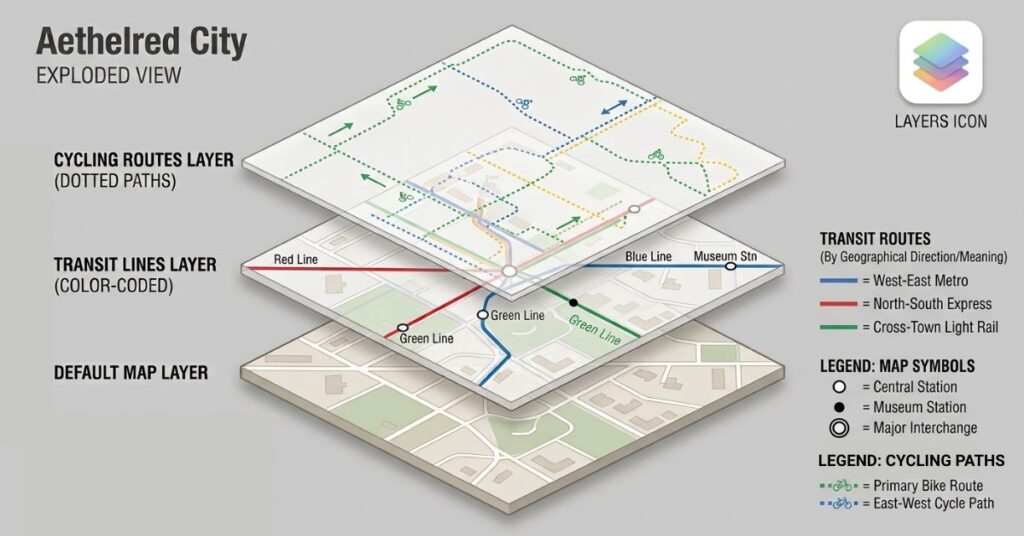Google Maps layer diagram showing default map view, transit lines overlay, and cycling routes overlay stacked to show how map layers work