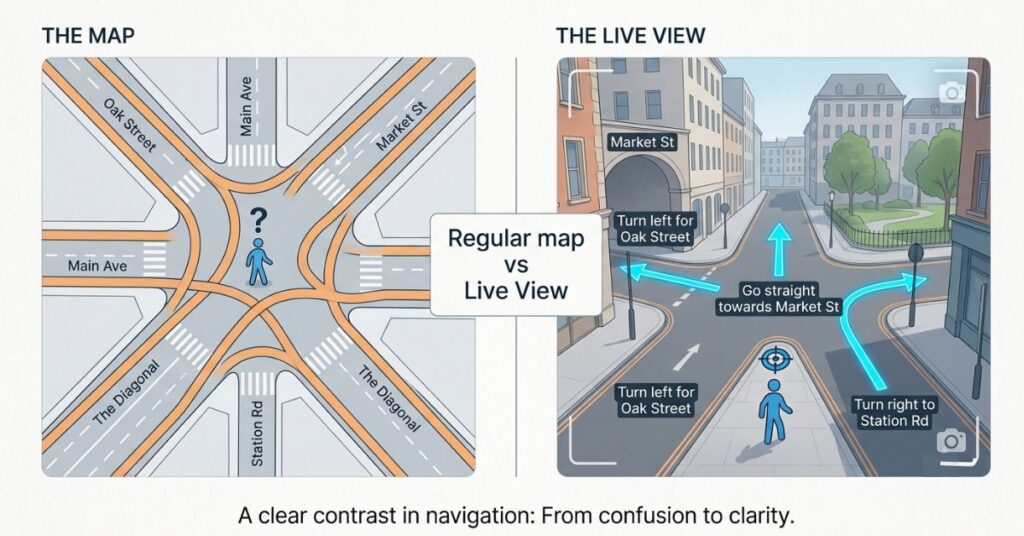 Side by side comparison of a confusing top-down map view versus Google Maps Live View with AR directional arrows overlaid on the real street